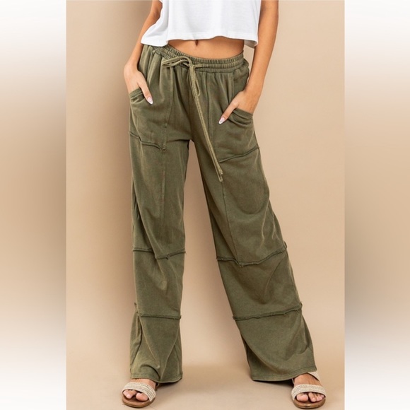 05 Mineral washed french terry fabric tiered wide leg pants - Picture 4 of 5